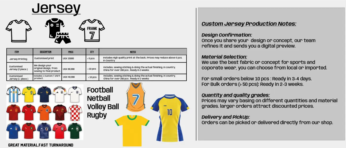 Custom jerseys designed and printed by Design Kampala